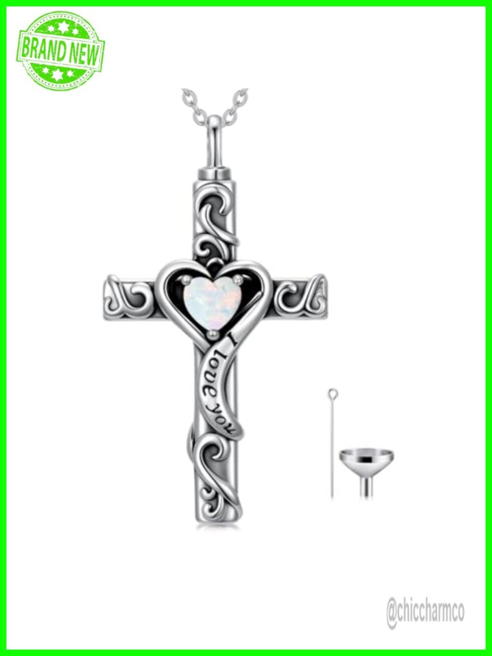 925 Sterling Silver Cross Urn Necklace Opal October Birthstone Memorial Pendant